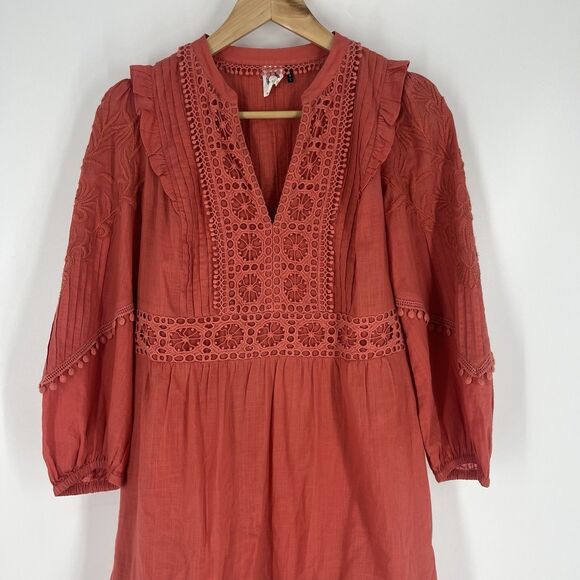 Anthropologie Akemi + Kin Dress Size Small Coral Pink Josephine Embroidered Boho - Picture 2 of 8